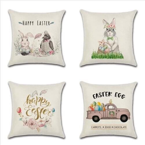 New Colorful Eggs Truck Cushion Covers Happy Easter Bunny Printing Linen Pillowcase Home Decorative Sofa Throw Pillow Cover