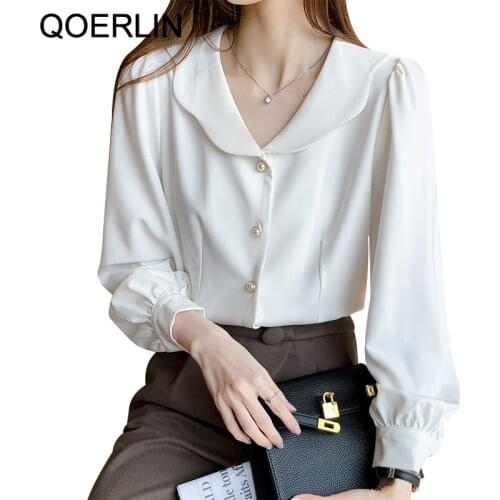 QOERLIN Autumn Doll Collar Button Up White Shirt Female Long Lantern Sleeve Shirt French Puff Sleeve Top Blouse Plus Size S-2XL