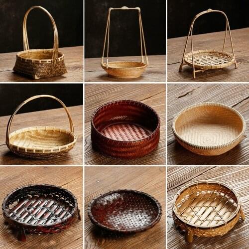 Handmade Bamboo Woven Fruit Basket Chinese Retro Basin Steamed Bread Tray Dried Storage Box Tea Cake
