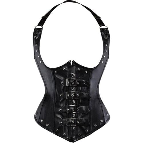 Push Up Bustier Top Gothic Steampunk Sexy Plus Size Straps Faux Leather Underbust Corset Spiral Steel Boned Clubwear Lingerie