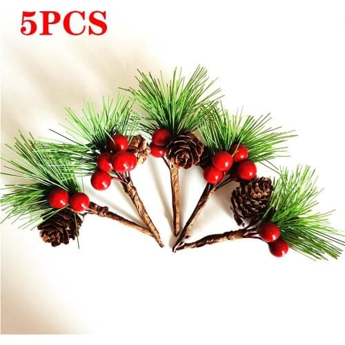 5pcs Christmas Pine Cone Branches Simulated Berry Realistic Imitation Pine Branches Berry Bouquets Pine Needles for Home Decor