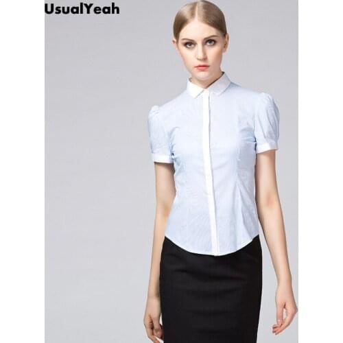 UsualYeah New Fashion Women Work Shirts Elegant Blouse Short Sleeve OL Cotton Shirt Casual Summer Vintage Top Light blue S - XXL