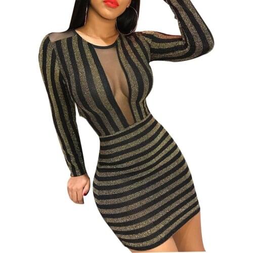Sexy Bright Silk Striped Wrap Dress See Through Mesh O Neck Long Sleeve Short Dresses Party Club Dress vestidos