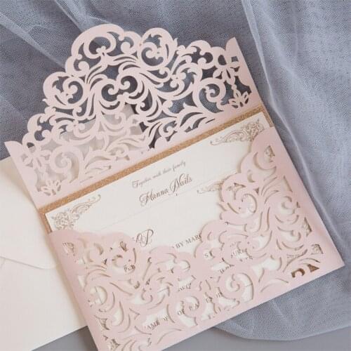 Cordially Inviting - Blush Shimmer Laser Cut Sleeve With Classic Invitation And Glittery Backer
