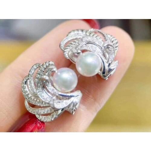 M127 Pure 925 Sterling Silver Water Drop Shape Round 8-9mm Fresh Water White Pearl Studs Earrings Women Fine Pearl Earrings