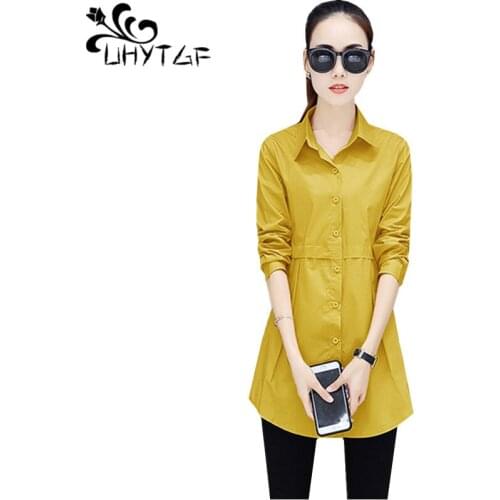 UHYTGF blouses women fashion 2020 spring autumn shirts for women solid color wild single-breasted loose casual plus size top 938
