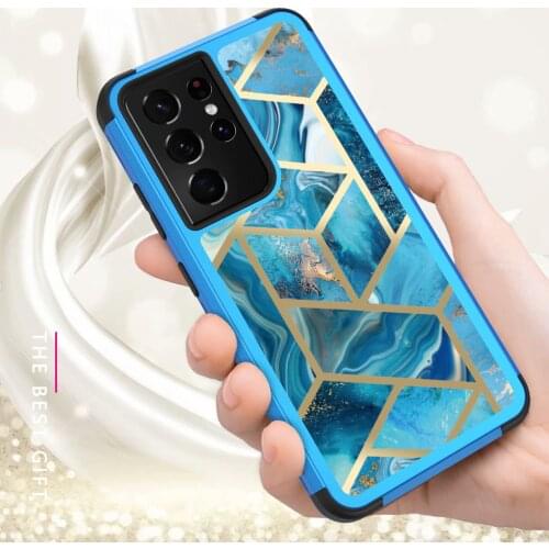 3 in 1 Armor Shockproof Case for Samsung Galaxy S21 Ultra S9 S10 Plus Note 20 10 9 8 Plating Marble PC Silicone Bumper Cover
