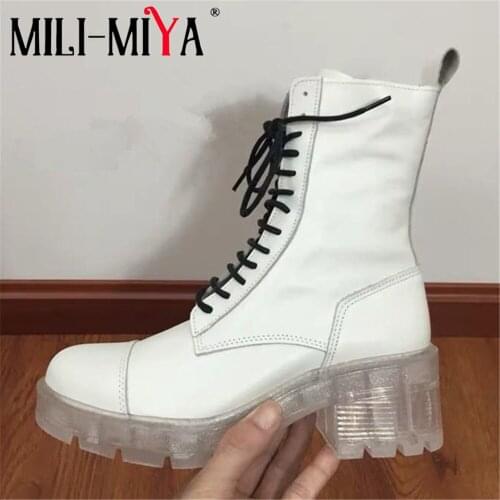 MILI-MIYA New Arrival Cow Leather Women Ankle Boots Solid Color Lace-Up Round Toe Square Heels Spring/Autumn Martin Shoes