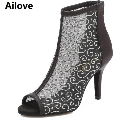 Ailove Women`s Social Ballroom Latin Salsa Dance Boots Print Air-mesh Party Dancing Shoes with Black Satin Back Heel Sandal S057