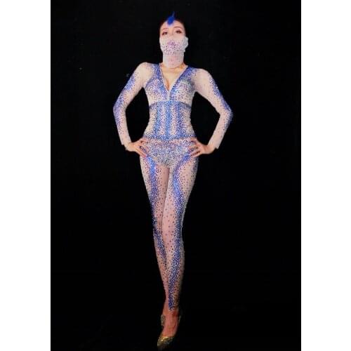 2020 Women New Full Rhinestones Mesh Jumpsuit Celebrate Perspective Bodysuit Sexy Belt Costume Performance Evening Sexy Wear