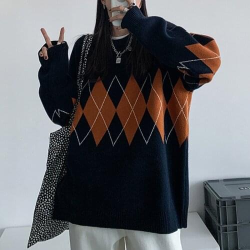 Oversized Knitted Sweater Women Autumn Winter Argyle Sweater Pullovers Loose Korean College Style Women Jumper Sueter Mujer
