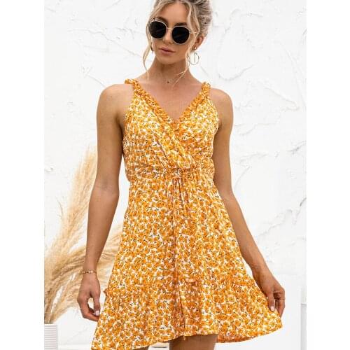 Summer New Style Strapless Backless Womens Sexy V-neck Ruffled Thin Shoulder Strap Mini Dress With Drawstring Design Dress