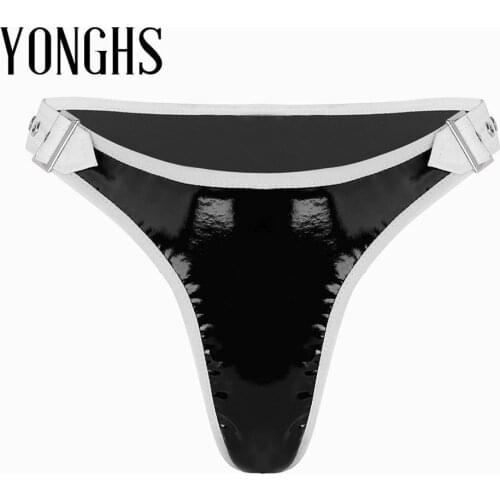 Women Lingerie Sexy Underwear Wetlook Faux Leather High Cut Panties Adjustable Waist Buckles Low Rise Bikini Briefs Underwear