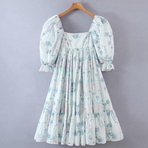 YENKYE Elegant Women Sweet Floral Print Princess Party Dresses Sexy Square Neck Puff Sleeve Big Swing Ladies Chic Vestido