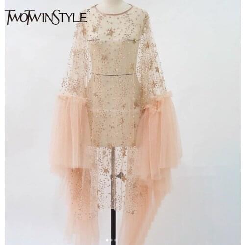 TWOTWINSTYLE Sequins Mesh Dress Women O Neck Irregular Flare Long Sleeve Perspective Sexy Dresses Female Spring Fashion 2020 New