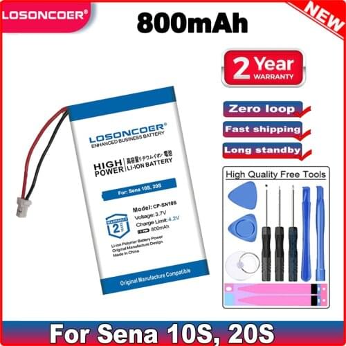 LOSONCOER For Sena 10S 20S Battery 800mAh For Sena 10S, 20S headset Batteries Free Tools Stand Holder Stickers