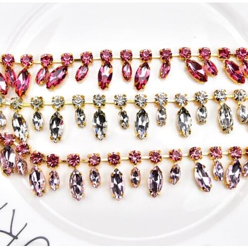 Free shippment!2016 new BlingBling sparking crystal rhinestone trim gold base flower marquise chain Applique Dress trim