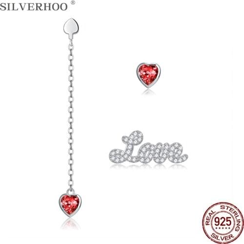 SILVERHOO Sterling Silver 925 Jewelry Asymmetry Letter LOVE Heart Earrings Red Austria Crystal Stud Earring For Women Party Gift