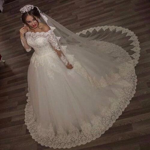 Pretty Embroidery Lace Arabic Wedding Dress Ball Gown Bride Dress Long Sleeve Court Train Plus Size Wedding dresses W0093