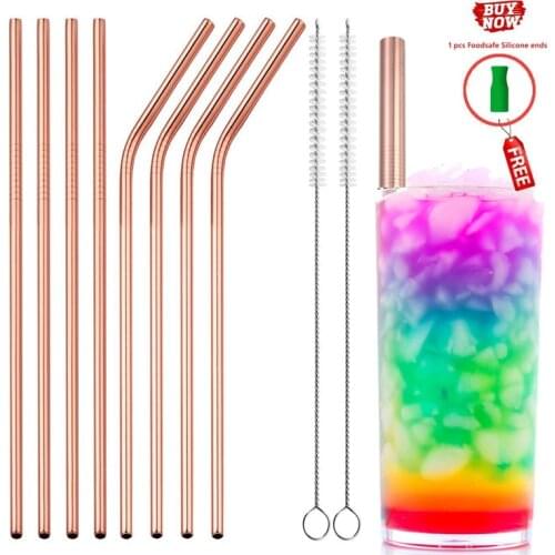 Reusable Metal Straws Set with Cleaner Brush Rose Gold 304 Stainless Steel Drinking Straw Milk Drinkware Bar Party Accessory