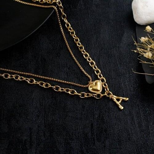 Layered Necklace Stainless Steel Initial Name Necklace Gold A-Z Letter Heart Pendant Couple Man Girl Jewelry Gift