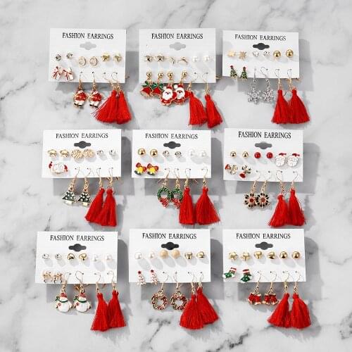 FNIO 2021 Fashion Crystal Tassel Earrings For Women Pearl Santa Claus Elk Tree Earring Set Girls Party Christmas Jewelry Gifts