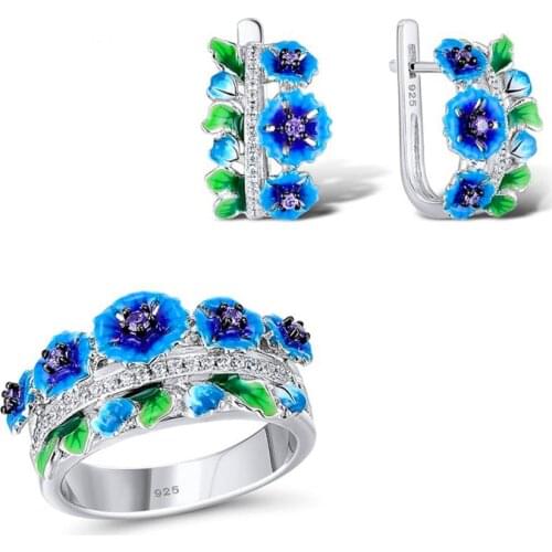 Trendy Female Blue Enamel Jewelry Set Charm Silver Color Wedding Clip Earrings For Women Cute Bridal Flower Engagement Ring