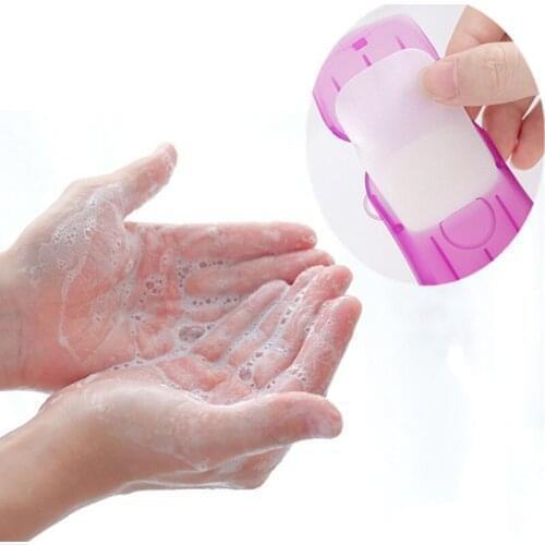 6@# 20Pcs/lot Outdoor Travel Soap Paper Washing Hand Bath Clean Scented Slice Sheets Disposable Boxe Soap Portable Mini Paper