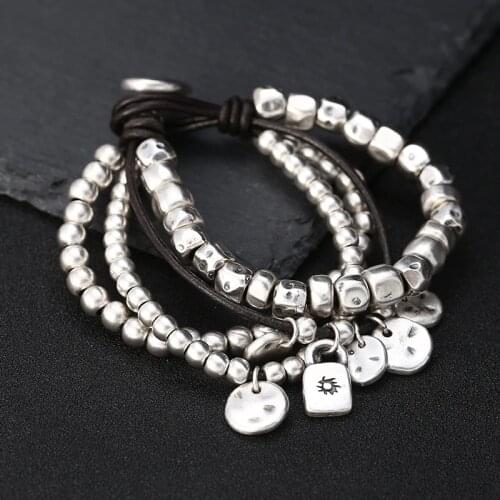 New Creative 3D Hard Silver color Multi-layer Leather rope Charm Bracelets Bangle 100% 999 Sterling Silver Women Men Bracelets