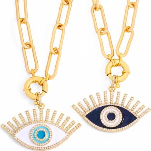 FLOLA Copper CZ Evil Eye Necklace White Stone Gold Link Chain Pendant Necklace Gift Jewelry For Women nkew90