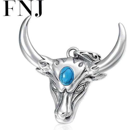FNJ Animal OX Deer Pendant 925 Silver Original Pure S925 Thai Silver Pendants for Jewelry Making Men Women Blue Stone Cattle