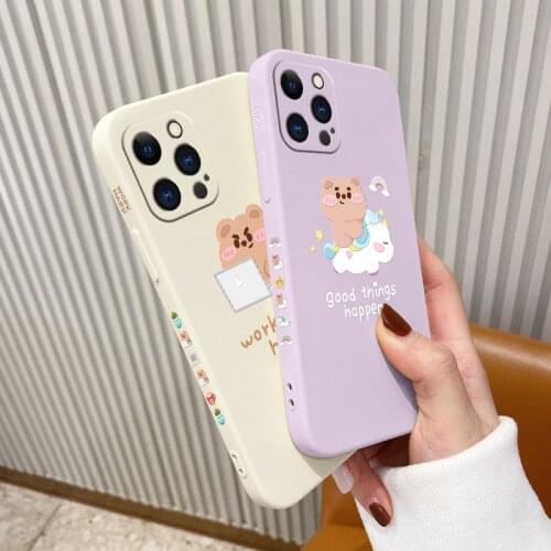 Rectangle Work Bear Pattern Phone Case For iPhone 12 Pro Max 11 X XS XR XSMAX SE2020 8 8Plus 7 7Plus 6 6S Plus Cover