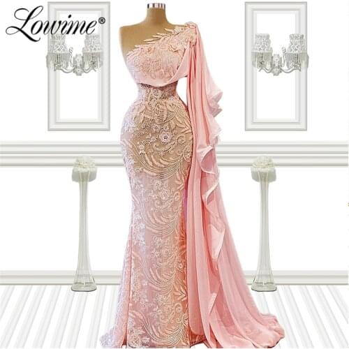 Pink One Shoulder Long Sleeve Prom Dresses 2021 Puff Sleeves Lace Evening Dress Mermaid Cocktail Party Gowns Plus Size Custom
