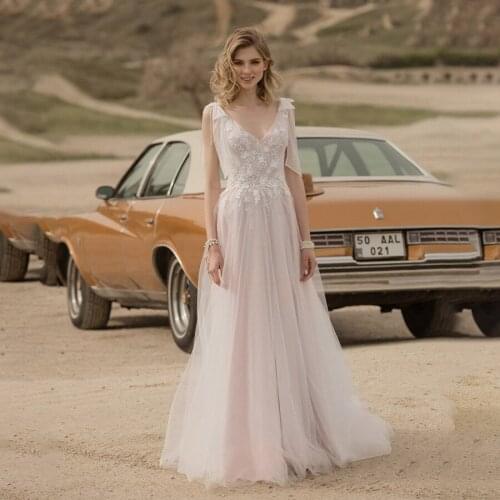 V-neck A-line Floor Length Tulle Blush Wedding Dress with Lace Applique vestidos de noiva simples Bridal Dress