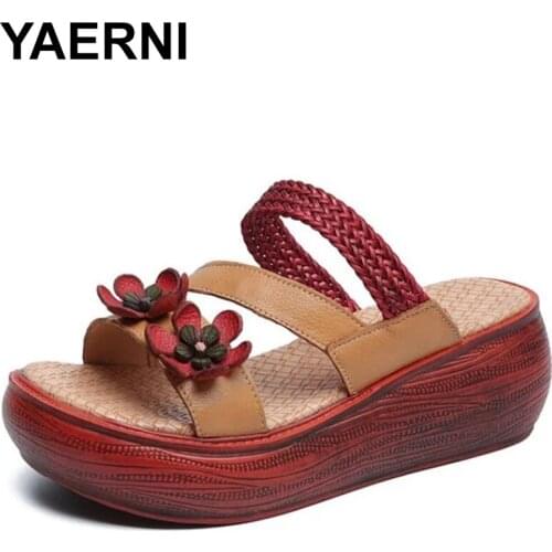 YAERNI Genuine Leather Floral Summer Shoes Ladies Outside Slides Handmade Casual Women Wedges Slippers 2021 New