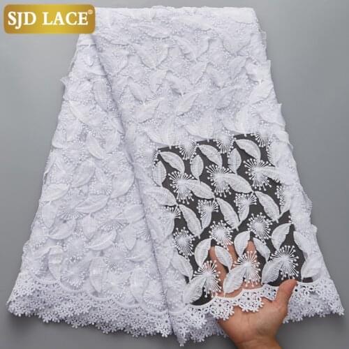 SJD LACE Pure White African Lace Fabric High Quality 3D Applique Milk Silk Lace Sequins French Mesh Lace Fabric For WeddingA1853
