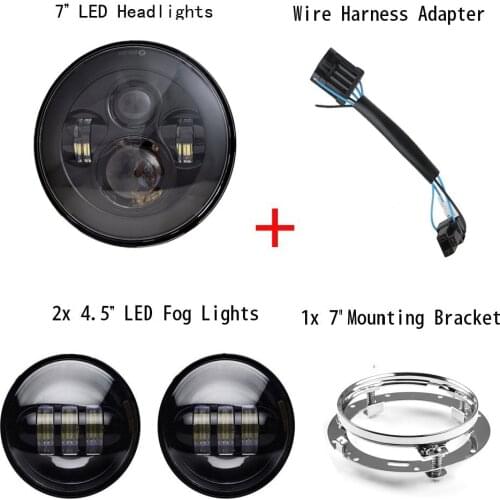Moto Harley LED Headlight with 4.5 inch Matching Passing Fog Lamps For Harley Davidson with 7" Mounting Bracket Wire adapter