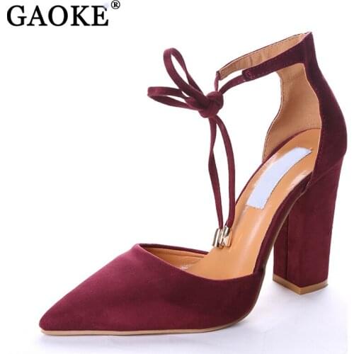6 Colors Pointed Strappy Pumps Sexy Retro High Thick Heels Shoes 2108 New Woman Shoes Female Lace Up Shoes