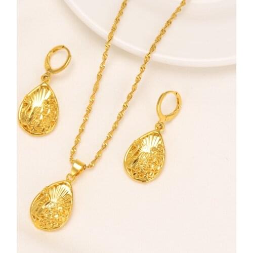 Dubai India Gold Waterdrop wedding Necklace Earrings Pendant Jewelry Sets women girl wedding bridal Party souvenir charms gift