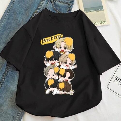 Cartoon Kpop Butter Album Jimin Jungkook V Suga RM J-hope Jin T Shirts Harajuku Kawaii Graphics Short Sleeve Women Tops