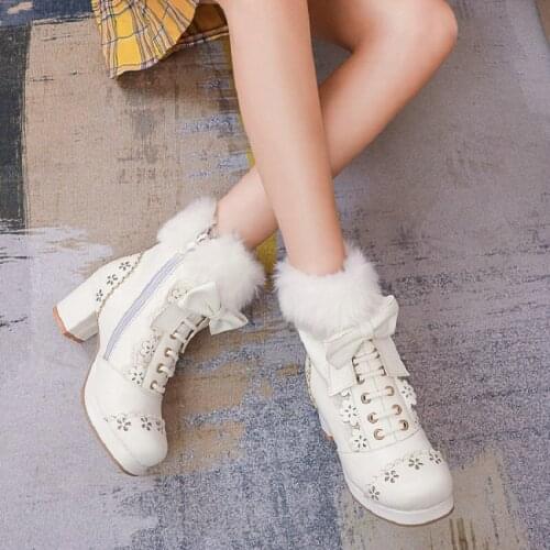 Sianie Tianie Flower Cutout Bowtie Sweet Lady Winter Warm Fur Boots Platform Chunky Middle Heels Ankle Snow Boots Big Size 45 46