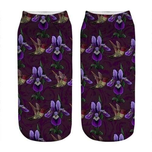 Womens socks kawaii Hummingbird and iris purple Printed Socks Woman harajuku Happy Funny Novelty cute girl gift Socks for women