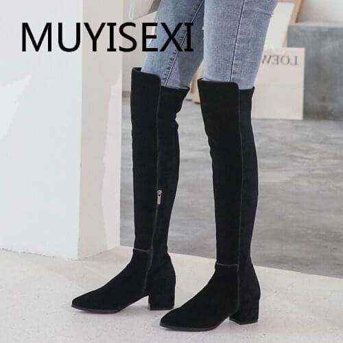 Pointed Toe Thigh High Boots Genuine Leather 5cm Square Heels Over the Knee Tube Long Boots Women Winter Shoes LDI18 MUYISEXI