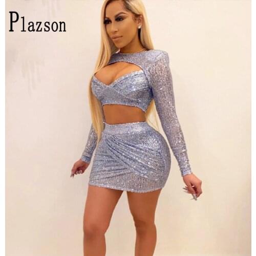 Summer Autumn Sexy club Sequin 2 Piece Set Women Crop Tops shorts Two Piece Set Long Sleeve Outfits dropshipping chandal mujer