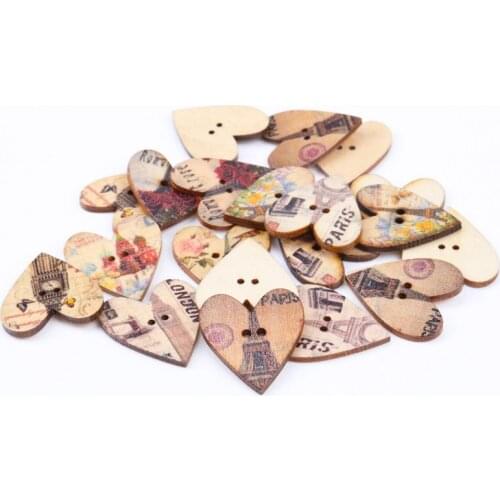 30pcs 25x28mm Tower Wood Painting Buttons Scrapbooking Sewing Heart 2 Holes Mixed For handmake MT0220X