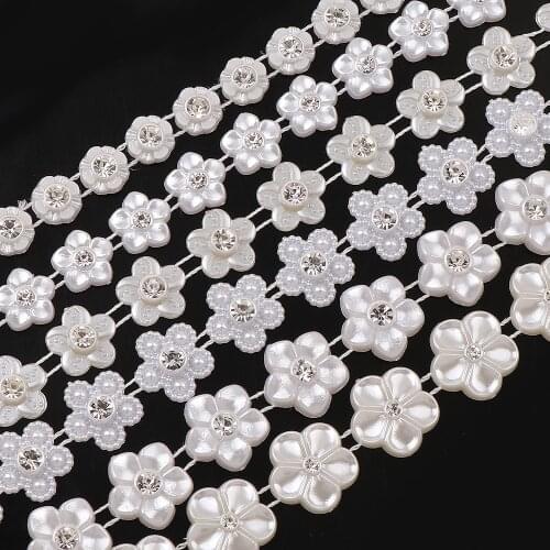 9-16mm 6Style 1Yard Fishing Line Flower ABS Imitation Pearl Beads Chain Trim with Rhinestone For DIY Wedding Party Decoration