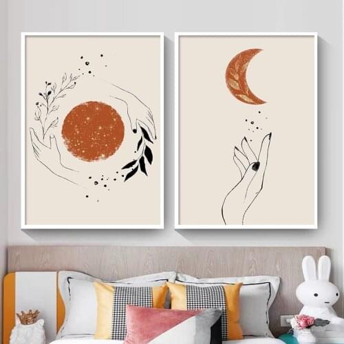 Abstract Mystic Hand Sun and Moon Scene Boho Nordic Canvas Painting Prints And Posters Wall Art Pictures For Living Room Decor