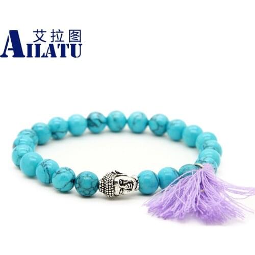 Ailatu Religious Jewelry 8mm Simulated Stone Beads Purple and Pink Tassel Buddha Head Couple Bracelet