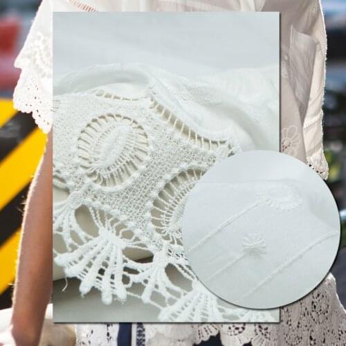 One-side hollow&embroidery flowers white silk blends cotton fabric, sewing for shirt, blouse, dress, skirt, craft by the yard