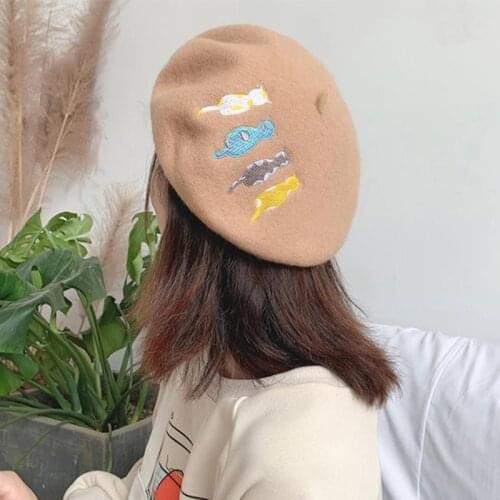 Autumn Winter Hats For Women Lady Wool Beret Artist Painter Cap Embroidery Cartoon Beret Female England Vintage Boina Feminina